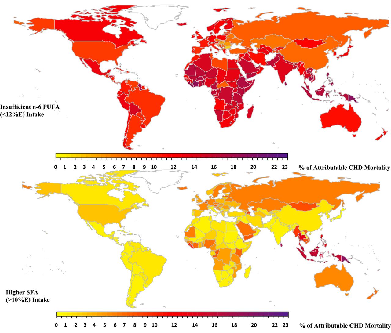 Mortalité coronarienne, en 2010, attribuable à une plus grande consommation en acides gras saturés et oméga-6